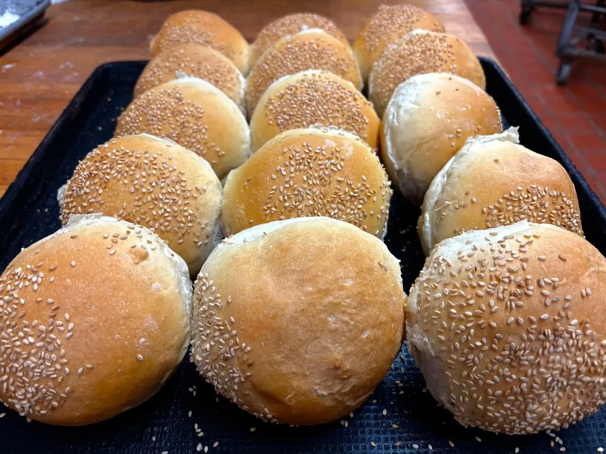A tray of round sesame rolls